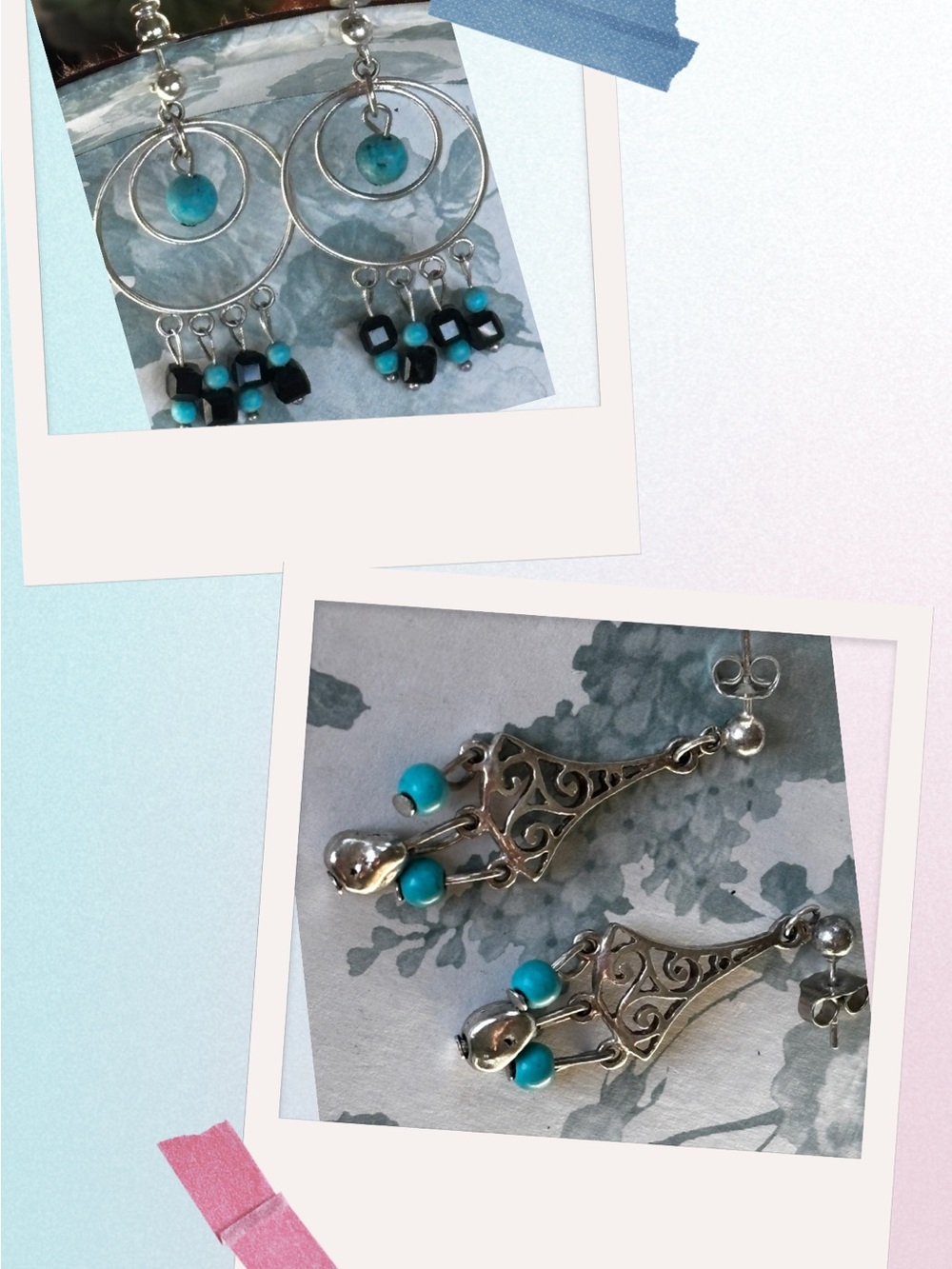 2 Pair Turquoise Silver Toned Chandelier/Double Hoop Earrings - Women's Jewelry